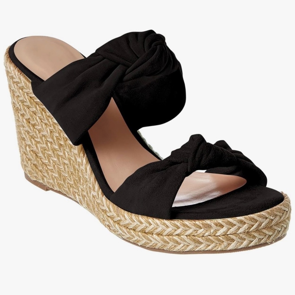 Espadrilles Black Knotted Suede Bow Raffia Wedge Slip On Platform Sandals-9.5